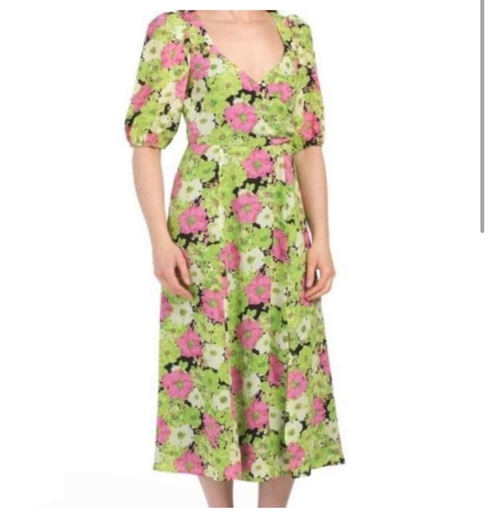 WAYF Floral Midi Dress Surplice Neckline Puff Sleeve Green Pink A Line XS